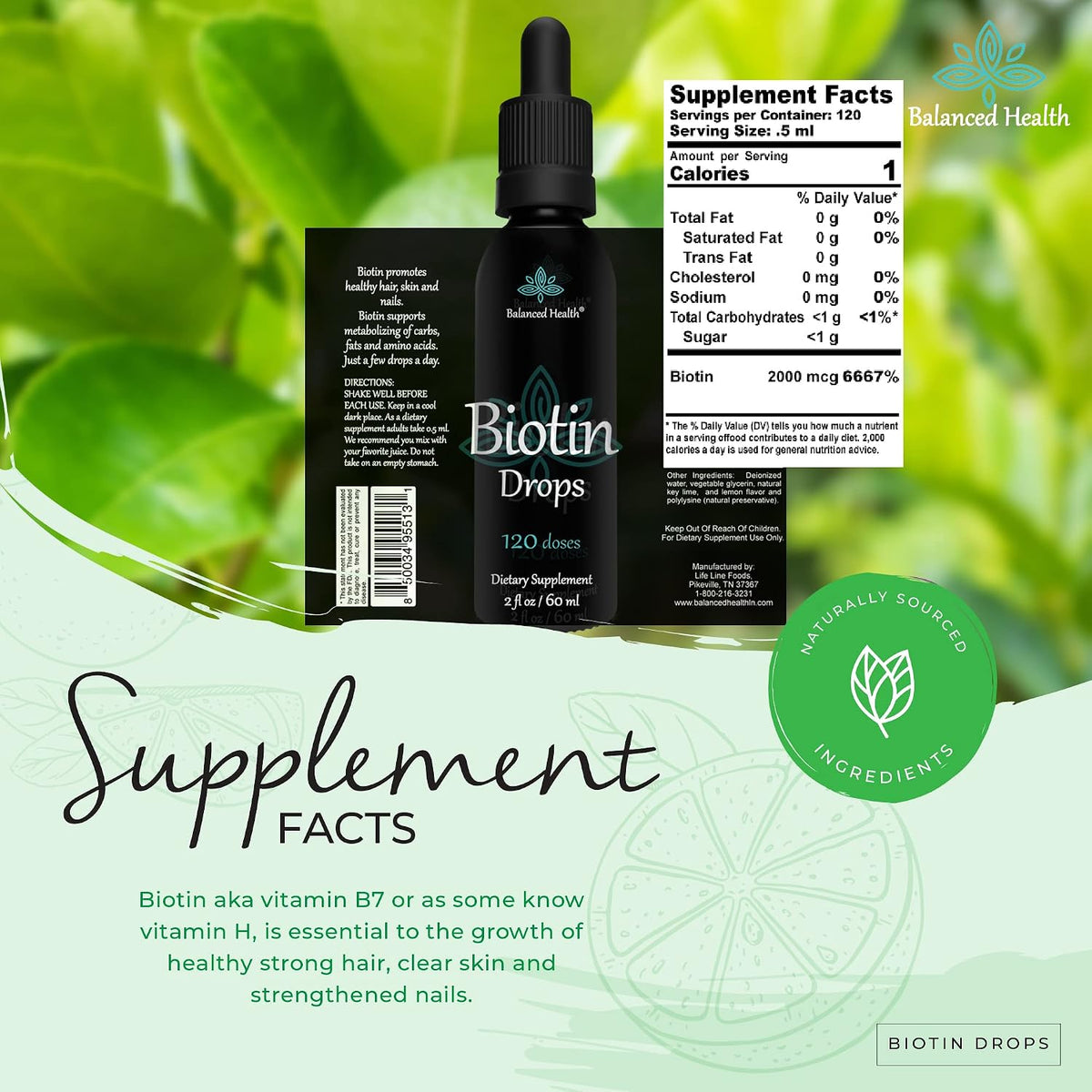 Balanced Health Biotin Drops - 120 Servings, 2oz, Lemon Flavour - Promote Healthy Hair, Skin and Nails - görsel 6