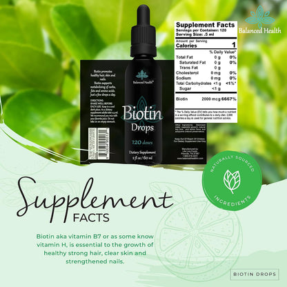 Balanced Health Biotin Drops - 120 Servings, 2oz, Lemon Flavour - Promote Healthy Hair, Skin and Nails