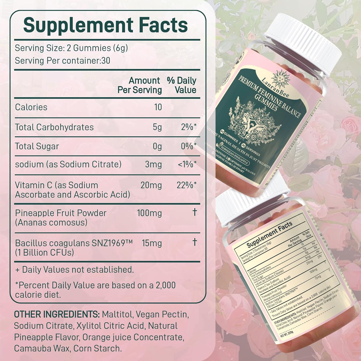 LanranBee Premium Feminine Balance Gummies - Vaginal Probiotic for Women - pH Balance & Immune Support - Hawaiian Pineapple Flavour - 60 Count - görsel 9