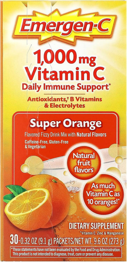 Emergen-C Vitamin C Flavoured Fizzy Drink Mix Sachets, Super Orange, 9 g (Pack of 30)