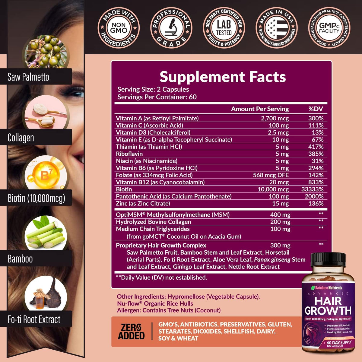 Rainbow Nutrients Hair Growth Vitamins for Women | Biotin 10,000mcg, Collagen, OptiMSM, Saw Palmetto | 60-Day Supply - görsel 2