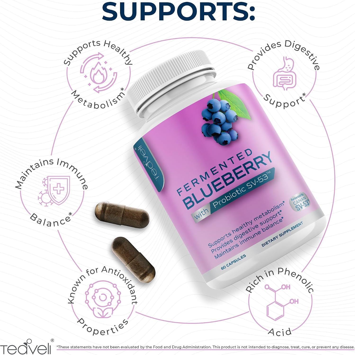 Teaveli Probiotic Blueberry Supplement with Wild Blueberries – 1000 mg per Serving – 60 Capsules - görsel 3