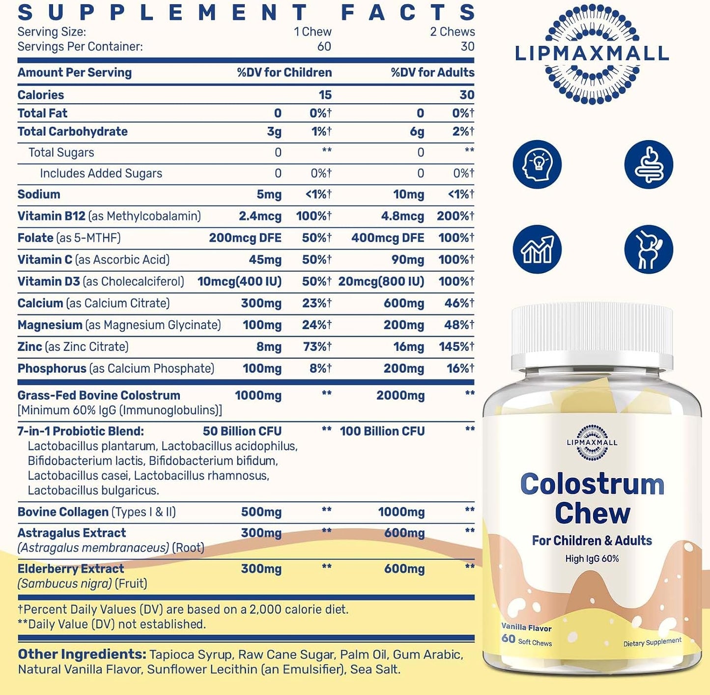 Bovine Colostrum Chews Supplement with 60% IgG - Immune & Gut Support, Grass-Fed, Vanilla Flavour, 60 Soft Chews - görsel 2