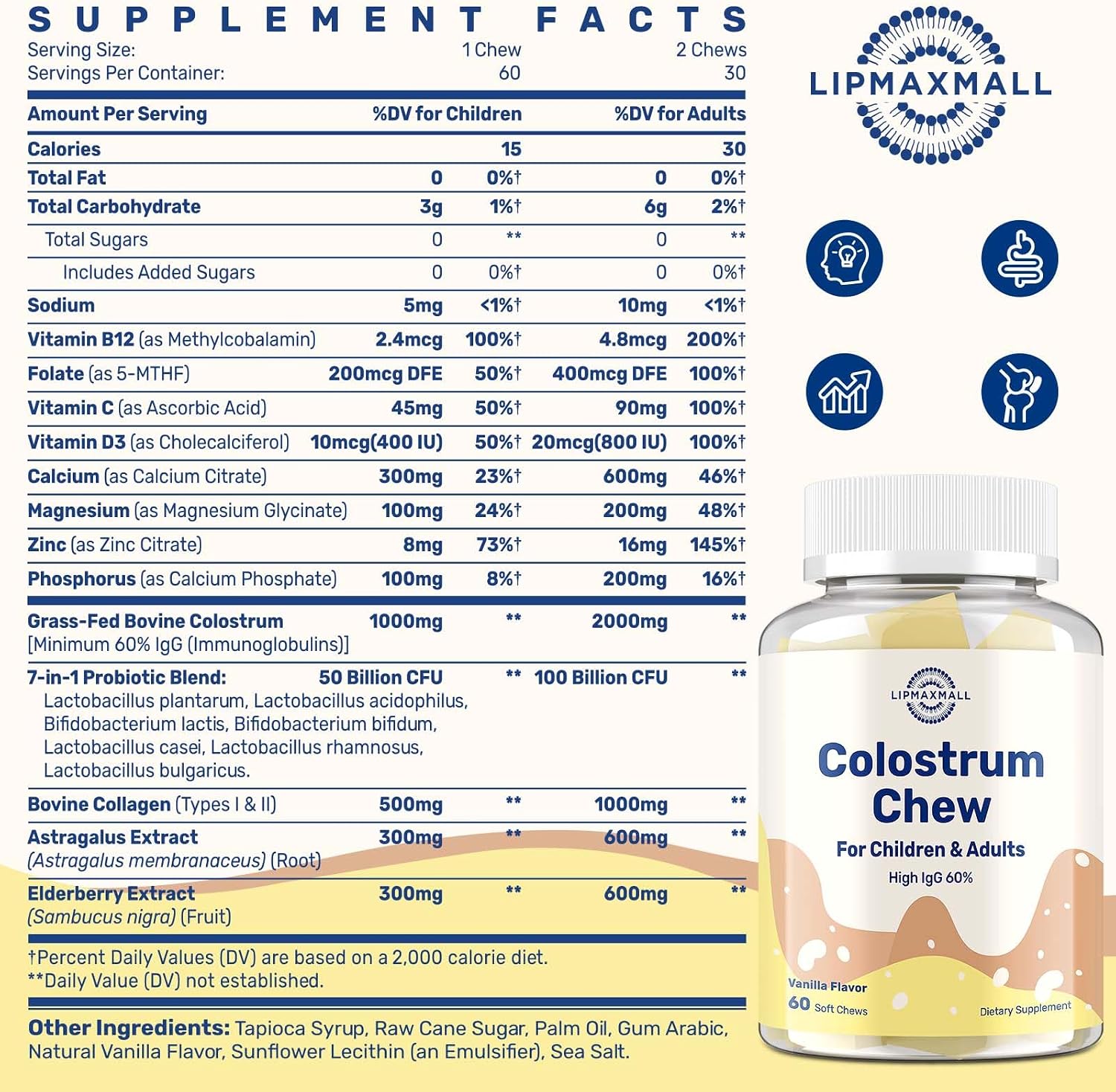 Bovine Colostrum Chews Supplement with 60% IgG - Immune & Gut Support, Grass-Fed, Vanilla Flavour, 60 Soft Chews - görsel 2