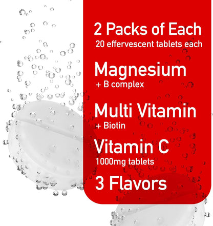 Swiss Imports Effervescent Variety Pack – Vitamin C, Magnesium + B Complex, Multivitamin + Biotin (6-Pack, 120 Tablets)