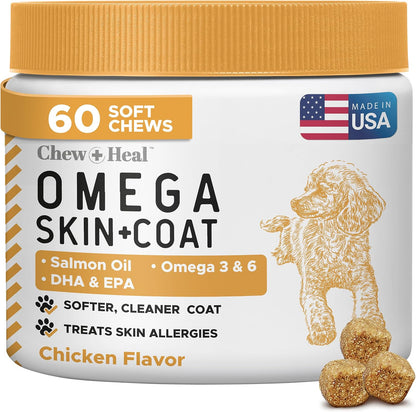 Salmon Oil for Dogs - 60 Soft Chew Omega Treats Skin and Coat Supplement for Dogs - Fish Oil Blend of Fatty Acids, Omega-3 and 6, Vitamins, Antioxidants, Minerals - Made in the USA