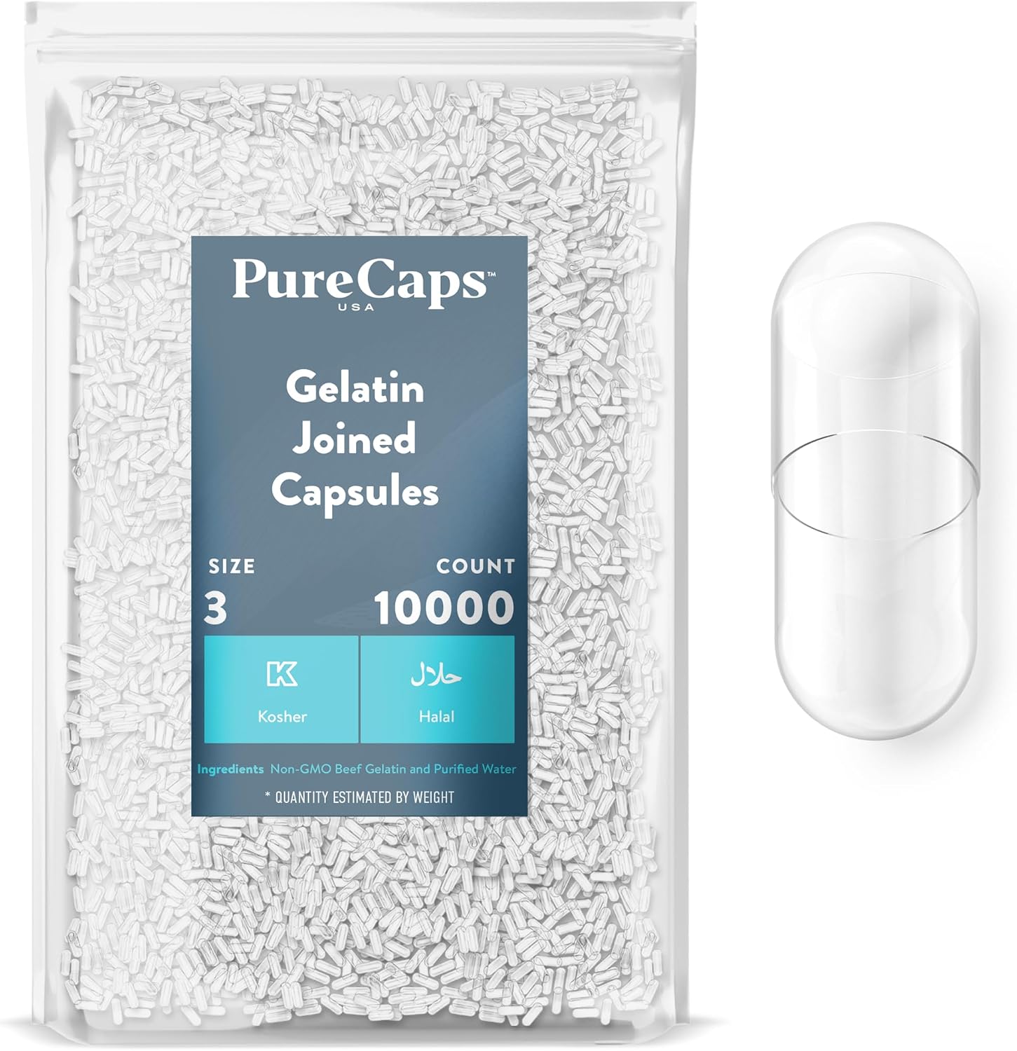 PureCaps USA - Empty Gelatine Capsules Size 3 | 100 Joined Pills | Clear | Non-GMO Certified | SLS, Gluten, Preservative Free - görsel 6
