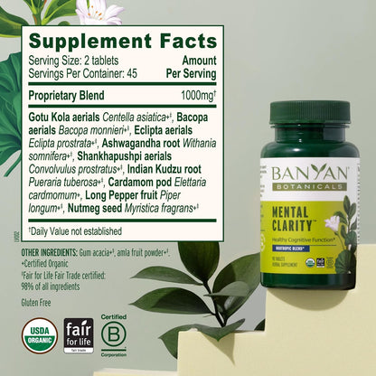 Banyan Botanicals Organic Mental Clarity – Herbal Support for Alertness and Focus – 90 Tablets