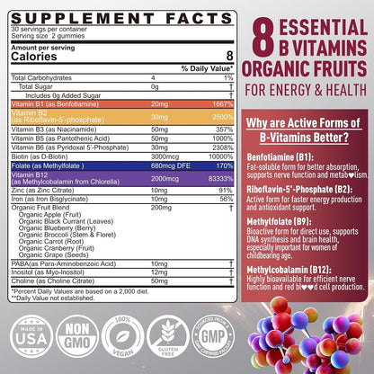 Nextdia Brain and Mood Support Gummies - Super Vitamin B Complex with Methylated B12 and Folate