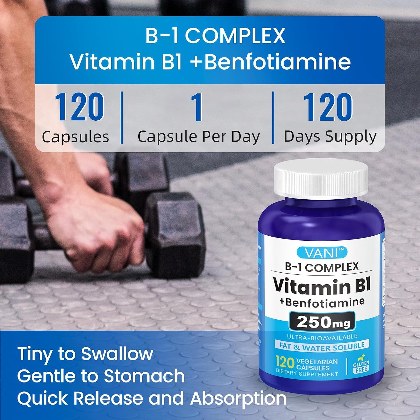 VANI 250mg Vitamin B1 with Benfotiamine – Enhanced Formula, Fat- & Water-Soluble Thiamine Supplement (120 Capsules, Gluten-free) - görsel 6