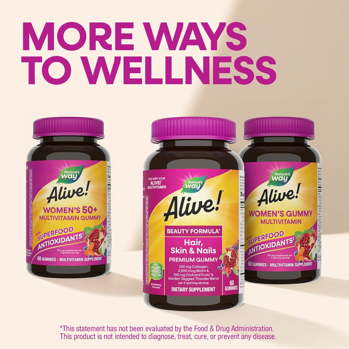 Nature's Way Alive! Premium Hair, Skin & Nails Gummies with Biotin, Collagen, Vitamins C & E, Strawberry, 60 Count - görsel 8