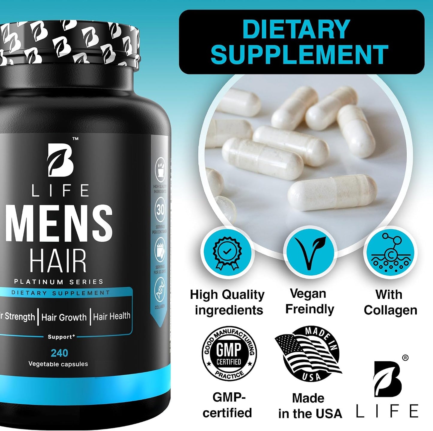 B Life Company Men's Hair Growth Food Supplement with Biotin & Collagen - 240 Capsules - görsel 4