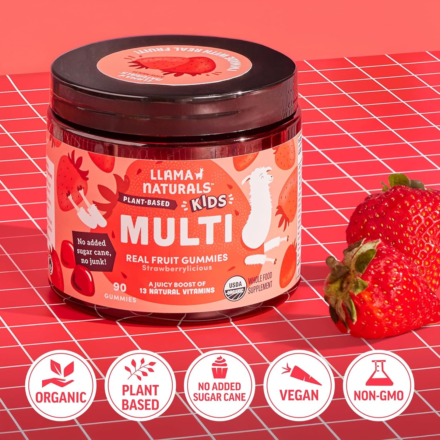 Llama Naturals Kids Multivitamin Gummies, Organic Vegan, Real Fruit, No Added Sugar, Strawberry, 90 Count - görsel 4