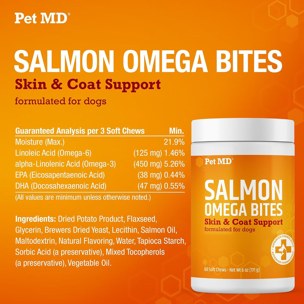 Pet MD Salmon Omega Bites for Dogs - Skin and Coat Supplement with Omega-3 and 6 and DHA and EPA - 60 Count - görsel 2