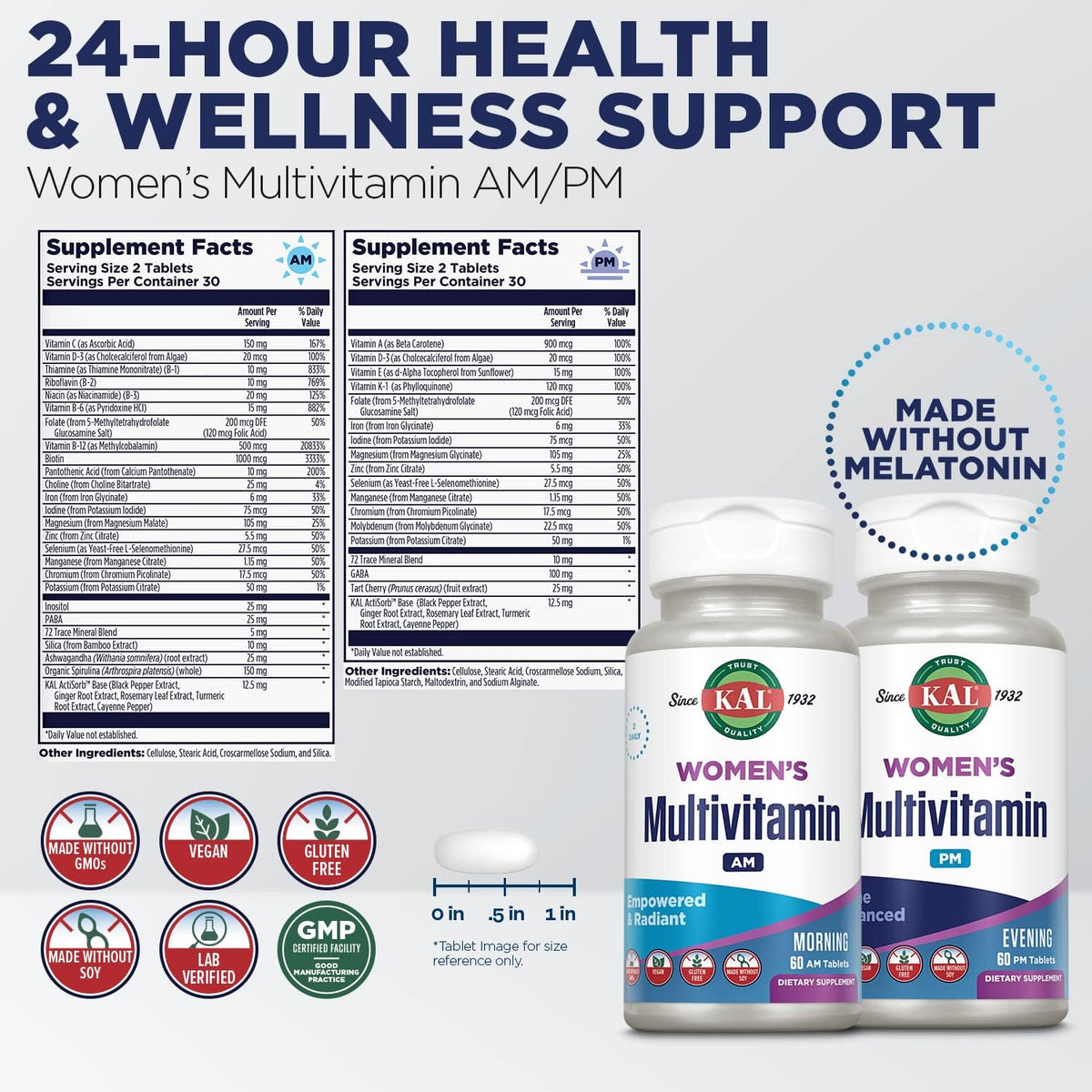 KAL Women's Multivitamin AM/PM - 2-in-1 Multivitamin with Ashwagandha, Silica, Organic Spirulina and GABA - Vegan - 120 Tablets - görsel 3