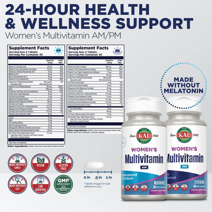 KAL Women's Multivitamin AM/PM - 2-in-1 Multivitamin with Ashwagandha, Silica, Organic Spirulina and GABA - Vegan - 120 Tablets