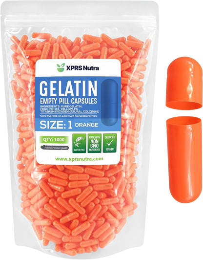 XPRS Nutra Size 1 Empty Capsules – 1000 Count – DIY Pill Capsule Filling – Pure Bovine Gelatine (Orange)