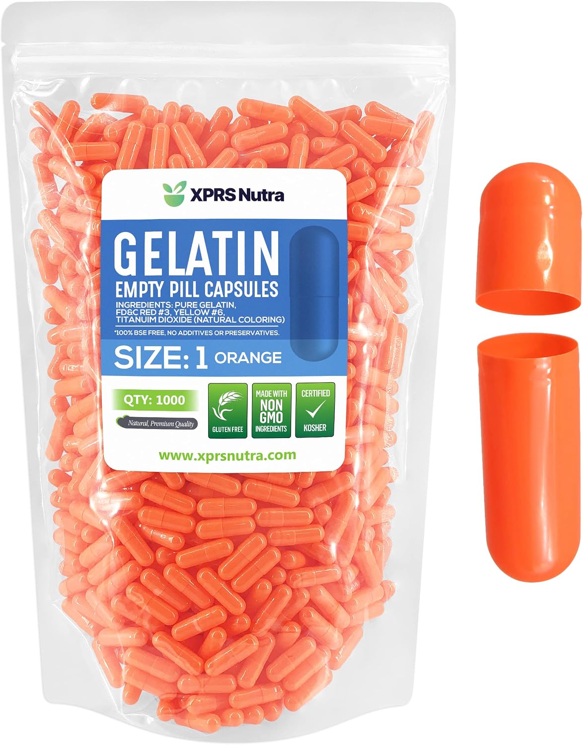 XPRS Nutra Size 1 Empty Capsules - 1000 Count Empty Gelatine Capsules - DIY Pill Capsule Filling - Pure Bovine Gel Caps (Orange) - görsel 1