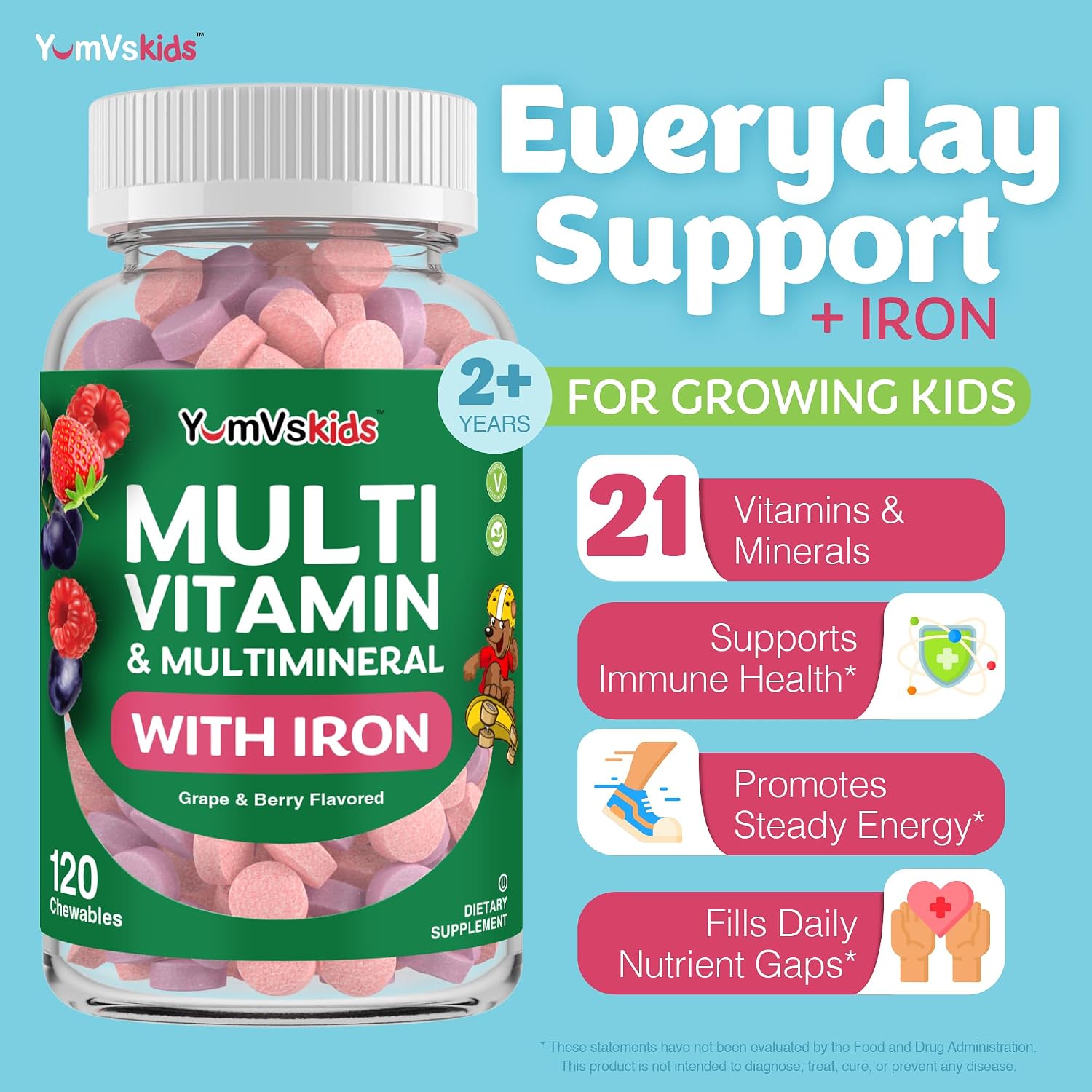 YUM-V'S Children's Multivitamin with Iron – Chewable Multivitamin for Toddlers Aged 2+ – Kosher, Halal, Gluten-free – 120 Chewables (Pack of 2) - görsel 2