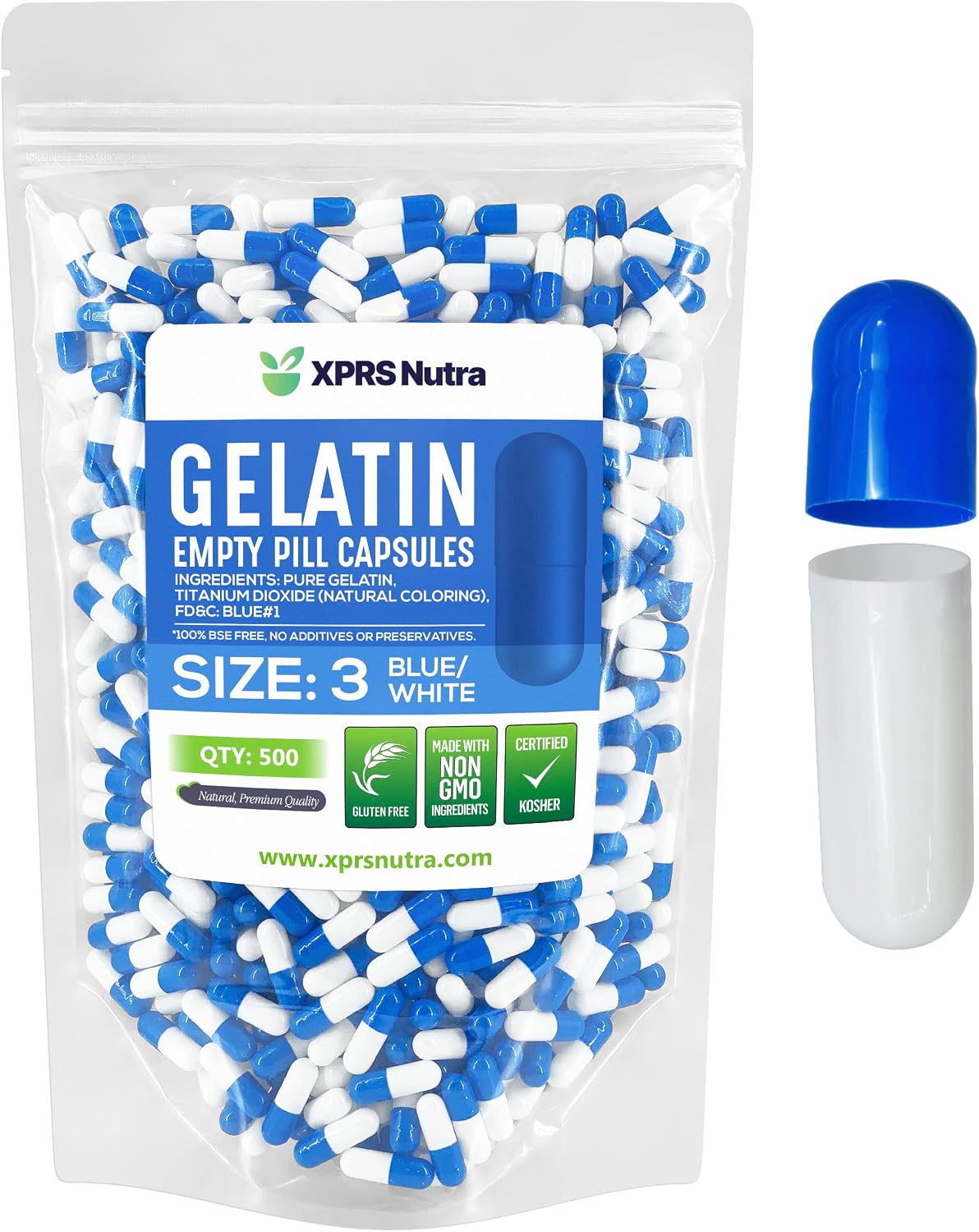 XPRS Nutra Size 3 Empty Gelatine Capsules (500 Count, Blue/White) - görsel 1
