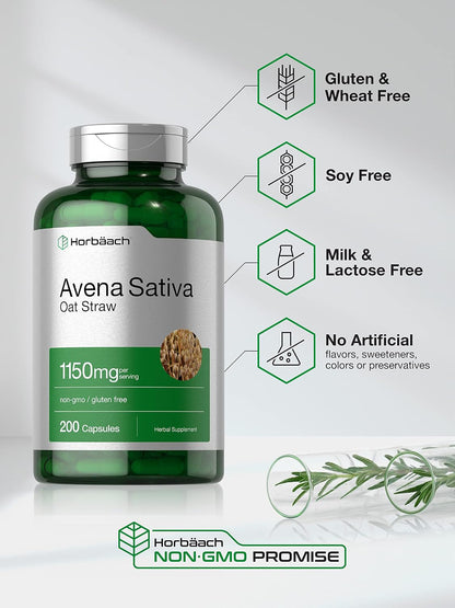 Horbäach Avena Sativa Extract | 200 Capsules | Oat Straw Extract | Non-GMO, Gluten-Free