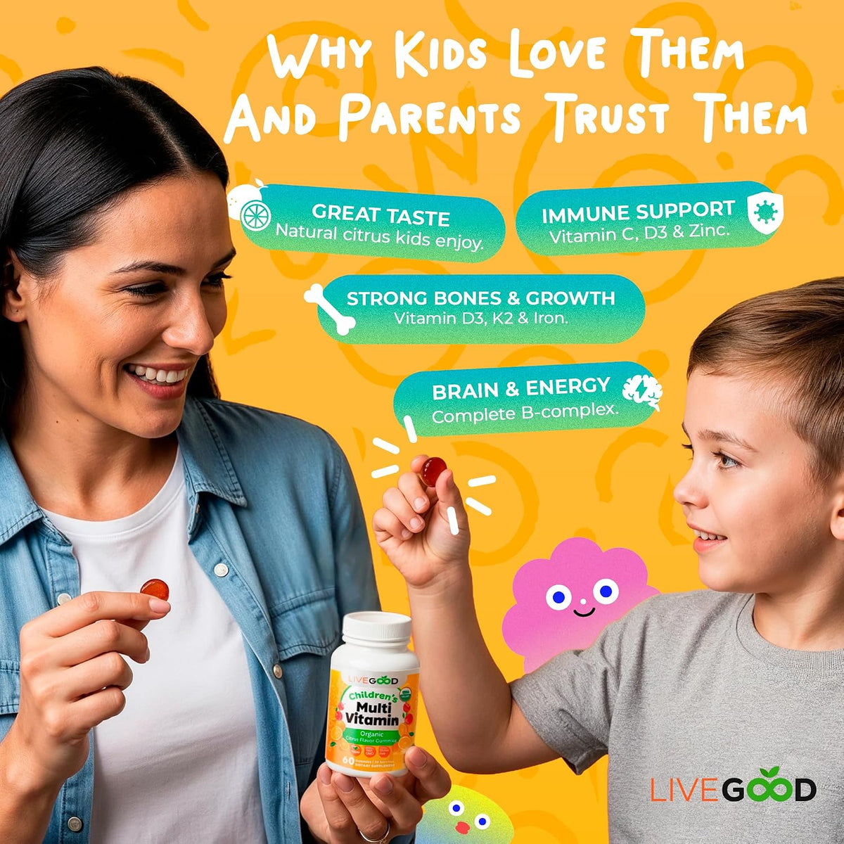 LIVEGOOD Organic Children’s Multivitamin Gummies – Kids Multivitamin with Vitamin D for Immune Support, Growth & Energy (60 Gummies) - görsel 4