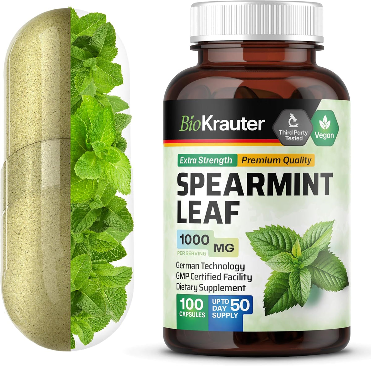 BIO KRAUTER® Spearmint Capsules – Vegan Pure Spearmint Supplement 1000 mg - görsel 1