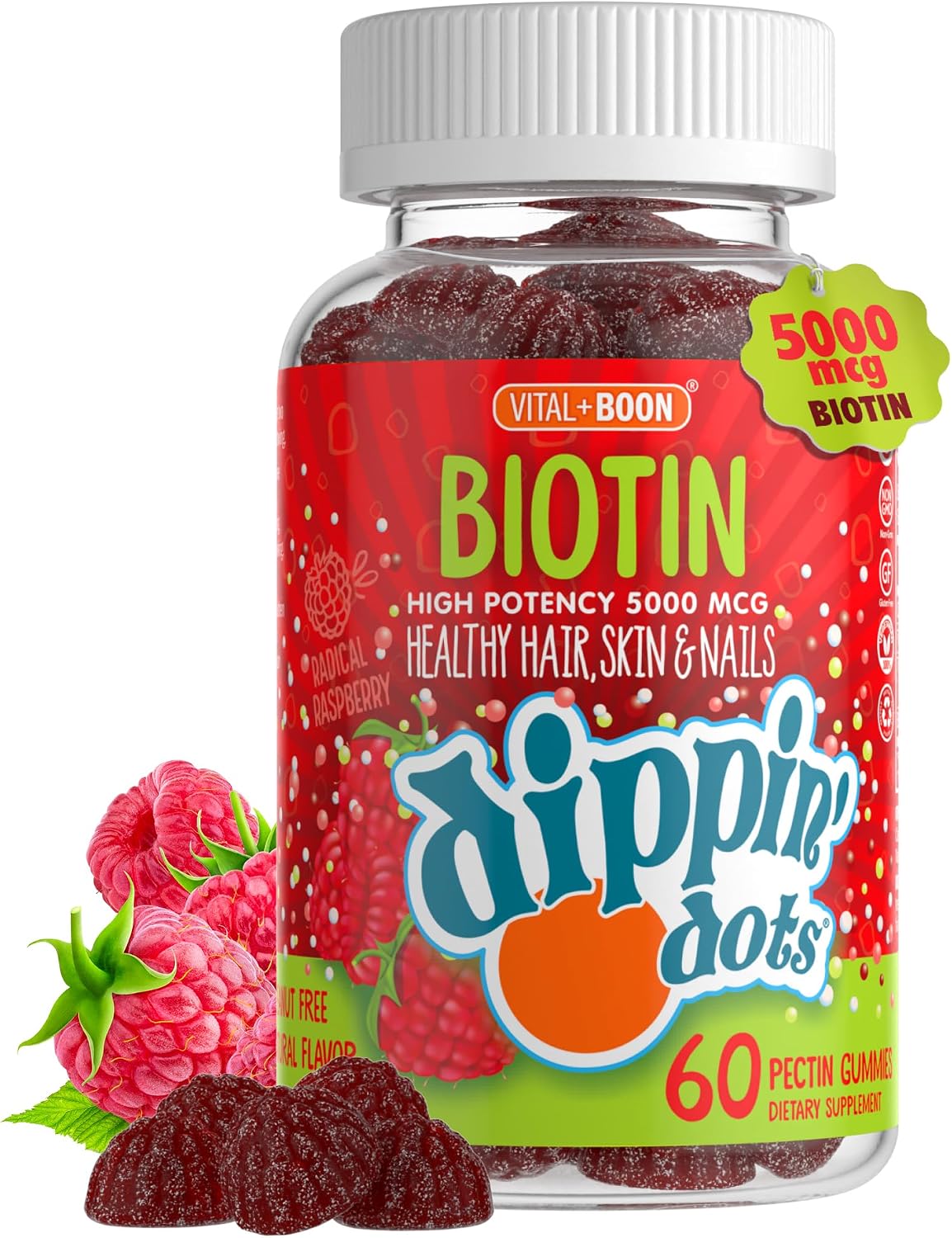 Vital+Boon Extra Strength Biotin 5000mcg Gummies – Hair, Skin & Nails – Very Berry Raspberry – Vegan & Non-GMO – 60 Count - görsel 1