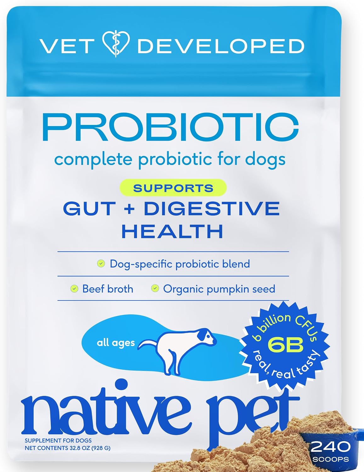 Native Pet Probiotics for Dogs – Dog Probiotic Powder for Gut & Digestive Health, Vet-Formulated 6 Billion CFUs of Dog-Specific Strains, Helps Maintain Stool Quality and Ease Diet Changes – 240 Scoops - görsel 1