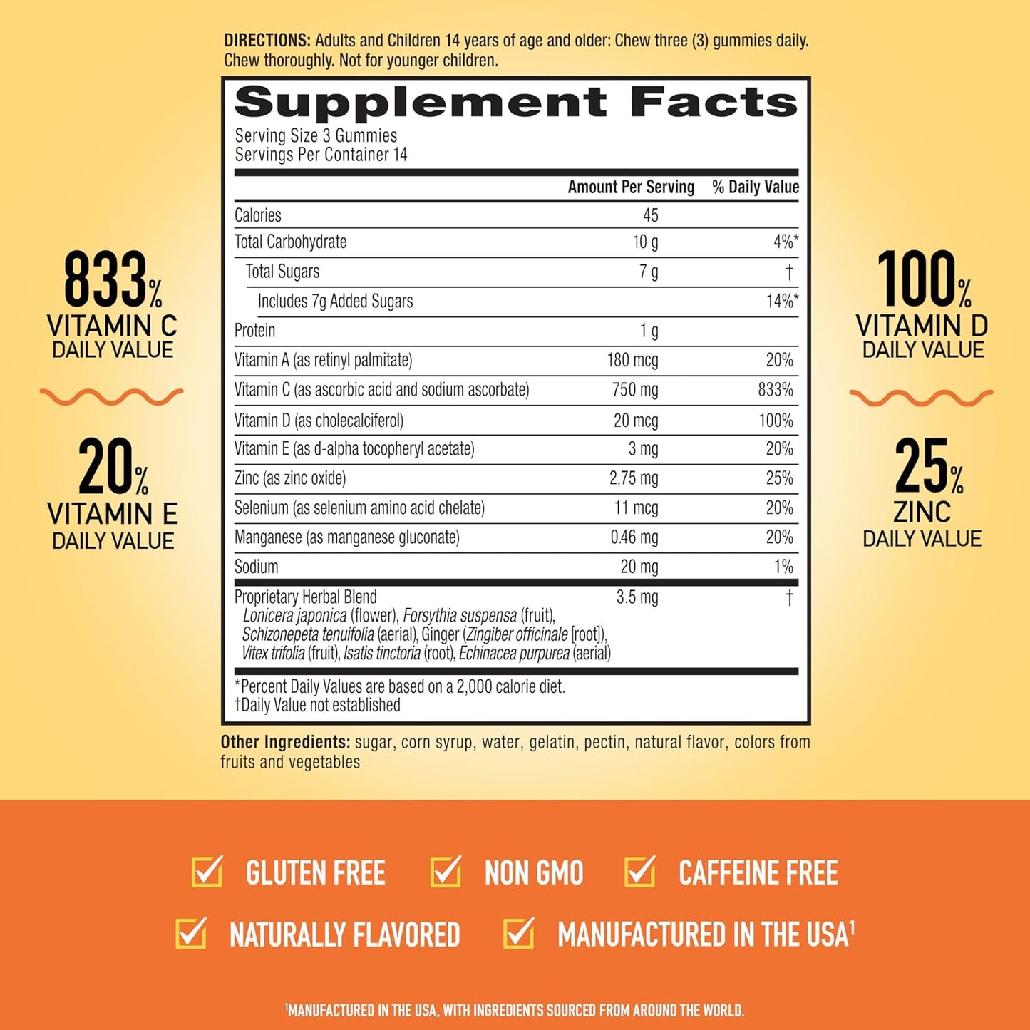 Airborne Immune Support Gummies, Zesty Orange Flavour, 42 ct - 750 mg Vitamin C + Vitamins A, D & E + Zinc, Selenium, and Manganese | with Herbal Blend | Naturally Flavoured - görsel 4