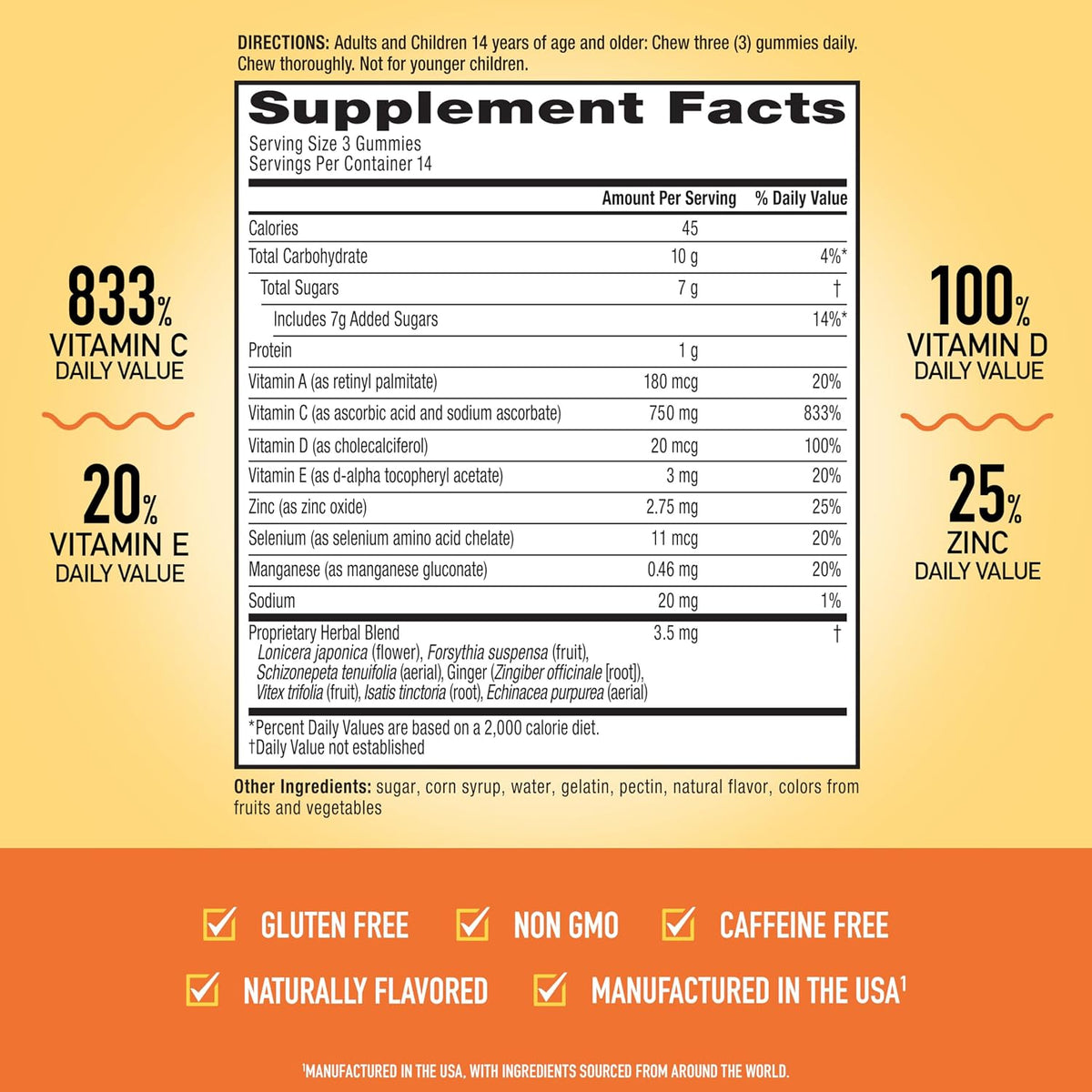 Airborne Immune Support Gummies, Zesty Orange Flavour, 42 ct - 750 mg Vitamin C + Vitamins A, D & E + Zinc, Selenium, and Manganese | with Herbal Blend | Naturally Flavoured - görsel 4