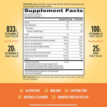 Airborne Immune Support Gummies, Zesty Orange Flavour, 42 ct - 750 mg Vitamin C + Vitamins A, D & E + Zinc, Selenium, and Manganese | with Herbal Blend | Naturally Flavoured