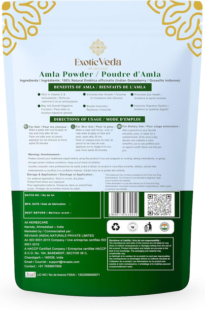Exotic Veda Amla Powder - 100% Pure Indian Gooseberry, Ayurvedic Supplement, Non-GMO, 100g