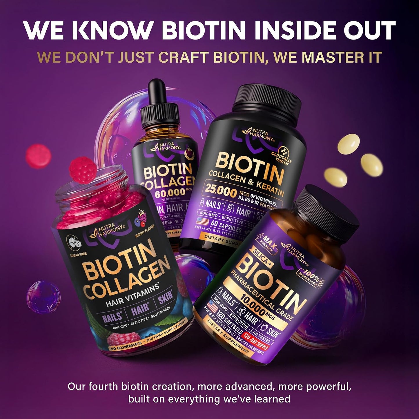 NUTRAHARMONY Biotin Gummies with Collagen - Hair, Skin and Nail Support - 10000mcg, Sugar-Free, Mixed Berry, 60 Gummies - görsel 10