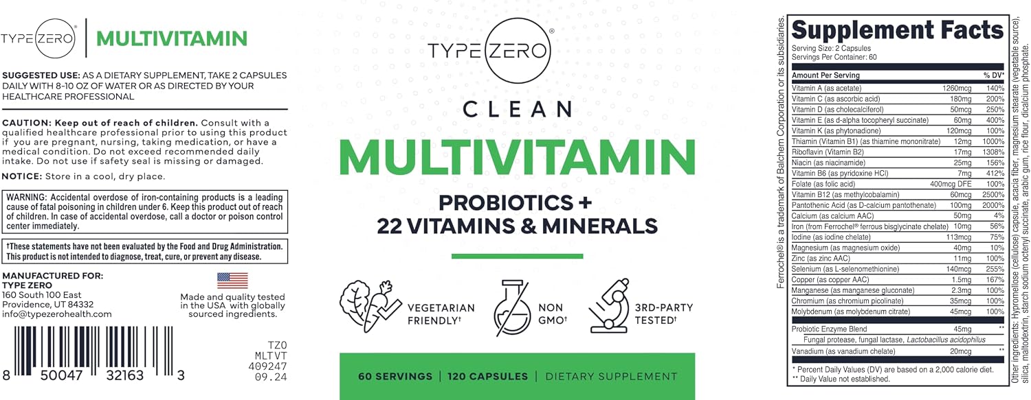 Type Zero Multivitamin Capsules (120 Capsules) (1300 mg) - with Probiotics + 22 Vitamins and Minerals, GM-Free - görsel 5