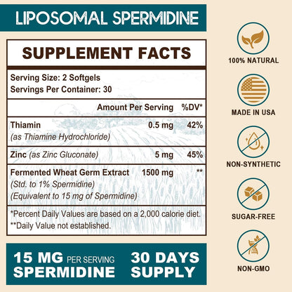 Sohahila Spermidine Supplement 15 mg - Liposomal with Zinc & Thiamine, 60 Softgels