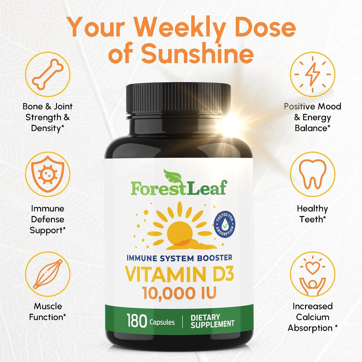 ForestLeaf Vitamin D3 10,000 IU – High Potency Vitamin D Supplement for Immune, Bone, and Teeth Health, 180 Capsules (6-Month Supply) - görsel 2