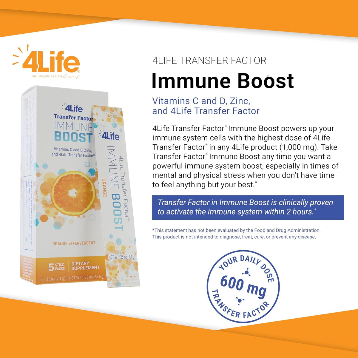 4Life Transfer Factor Immune Boost Orange Drink Mix – 5 Stick Packs - görsel 2
