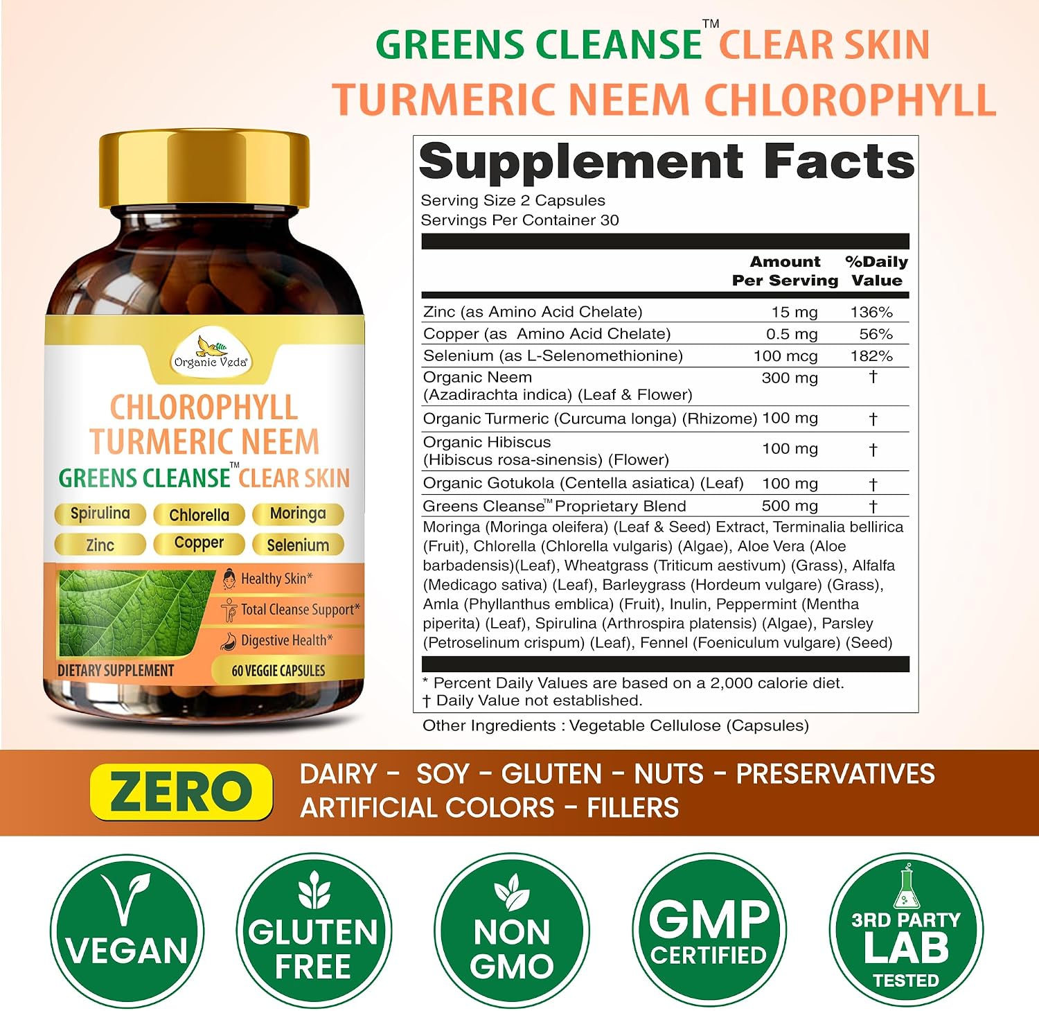 Organic Veda Chlorophyll Turmeric Neem Clear Skin Supplement - Greens Cleanse for Clear Skin, Zinc with Copper Women's Beauty Supplement - Chlorophyll Capsules for Gut and Liver Support, 60 Capsules - görsel 2
