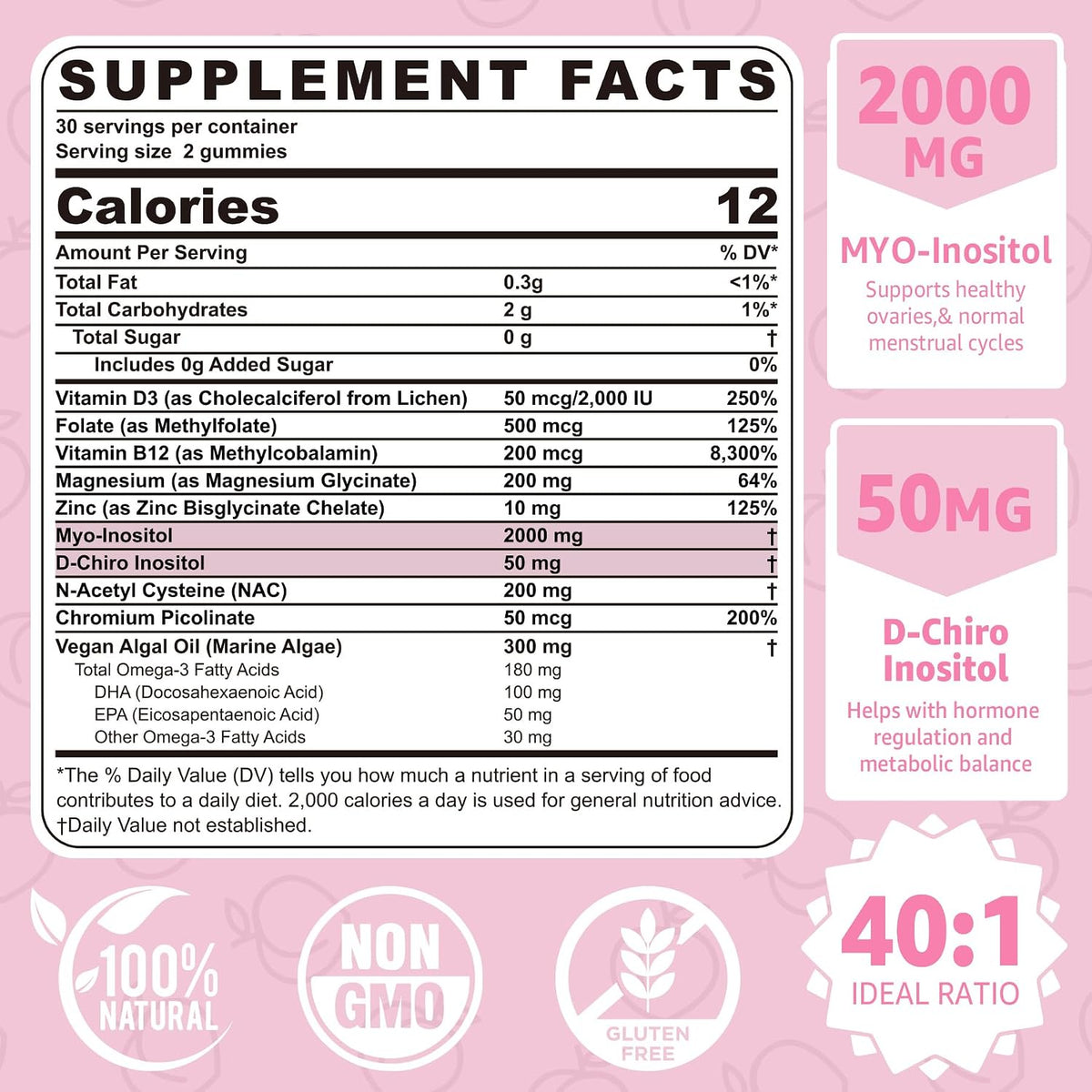 Myo-Inositol & D-Chiro Inositol Gummies for Women 2000mg + 50mg, 40:1 Ratio Inositol with Vegan Omega-3 + D3, Magnesium – Image 2