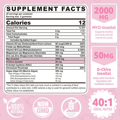 Myo-Inositol & D-Chiro Inositol Gummies for Women 2000mg + 50mg, 40:1 Ratio Inositol with Vegan Omega-3 + D3, Magnesium – Image 2