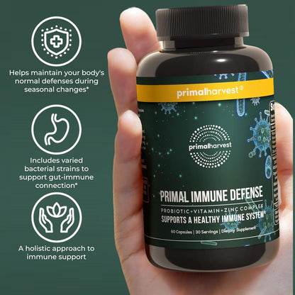 Primal Harvest Primal Immune Defence: 10-in-1 Immune Support with Probiotics, Zinc, Vitamins C, B6, D3 & K2 – 120 Capsules (Pack of 2)