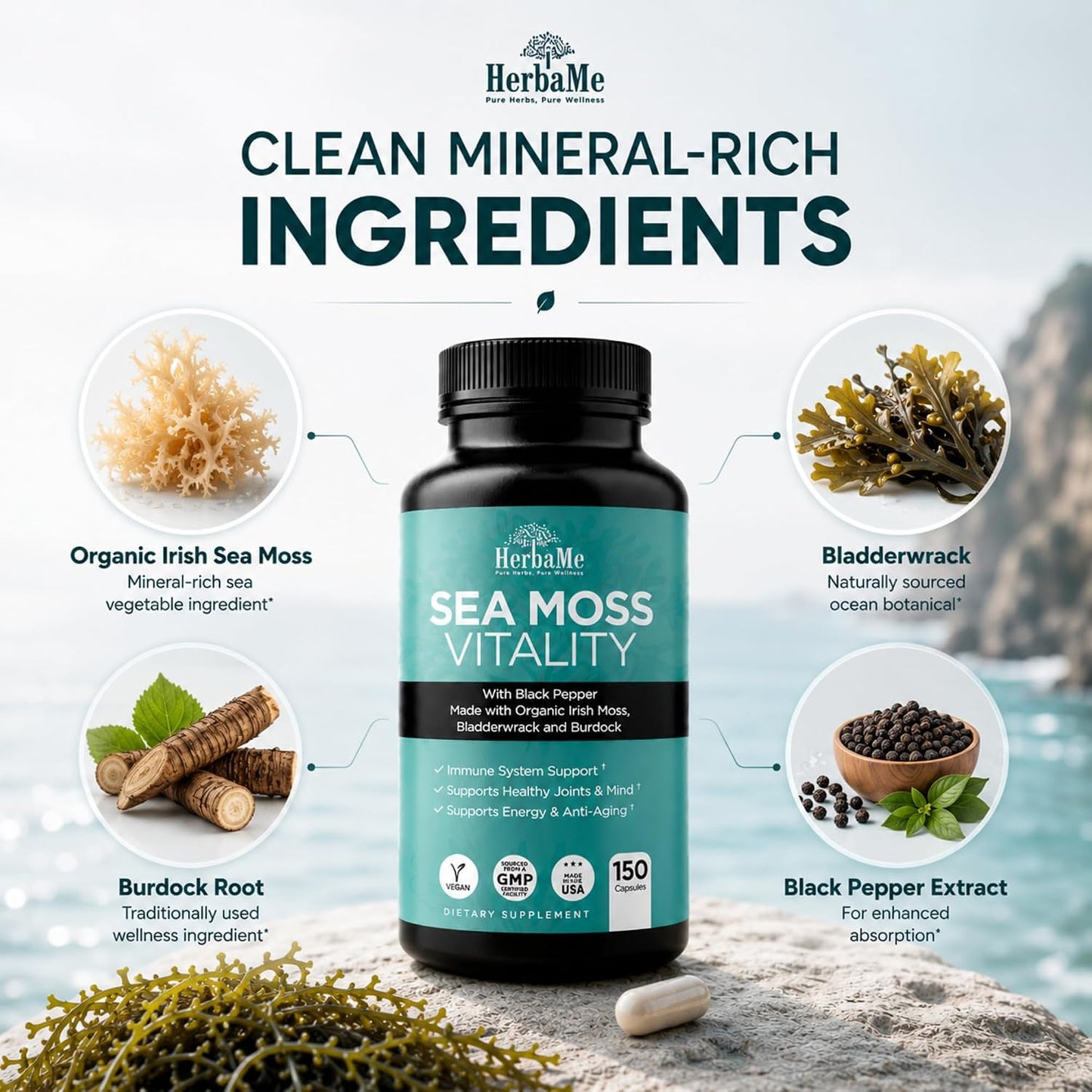 Organic Sea Moss Supplement with Bladderwrack & Burdock Root – Irish Moss with Black Pepper Extract, Daily Mineral Support for Energy & Wellness, 150 Capsules - görsel 7