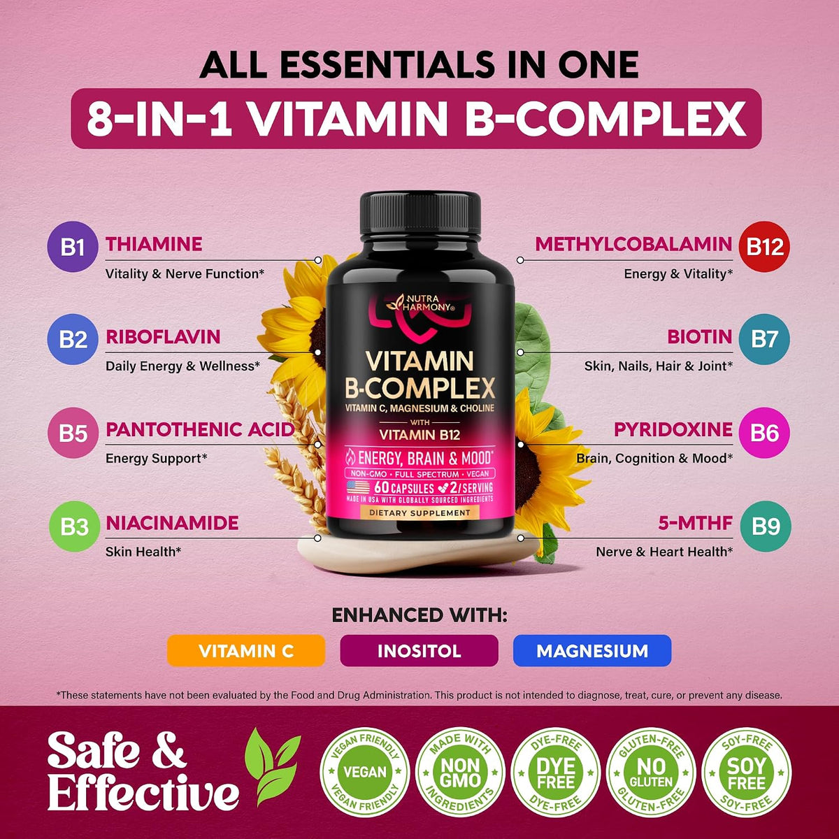 Vitamin B Complex for Men & Women - Manufactured in the USA - 11-in-1 B-Complex: B1, B2, B3, B5, B6, B7, B8, B9, B12 with Vitamin C, Choline, Inositol - Energy, Nervous System & Psychological Support Supplement, 60 Vegan Capsules - görsel 7