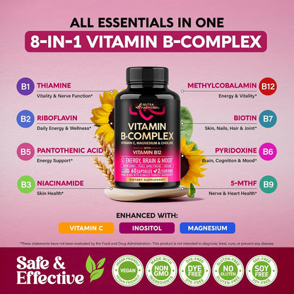 Vitamin B Complex for Men & Women - Manufactured in the USA - 11-in-1 B-Complex: B1, B2, B3, B5, B6, B7, B8, B9, B12 with Vitamin C, Choline, Inositol - Energy, Nervous System & Psychological Support Supplement, 60 Vegan Capsules