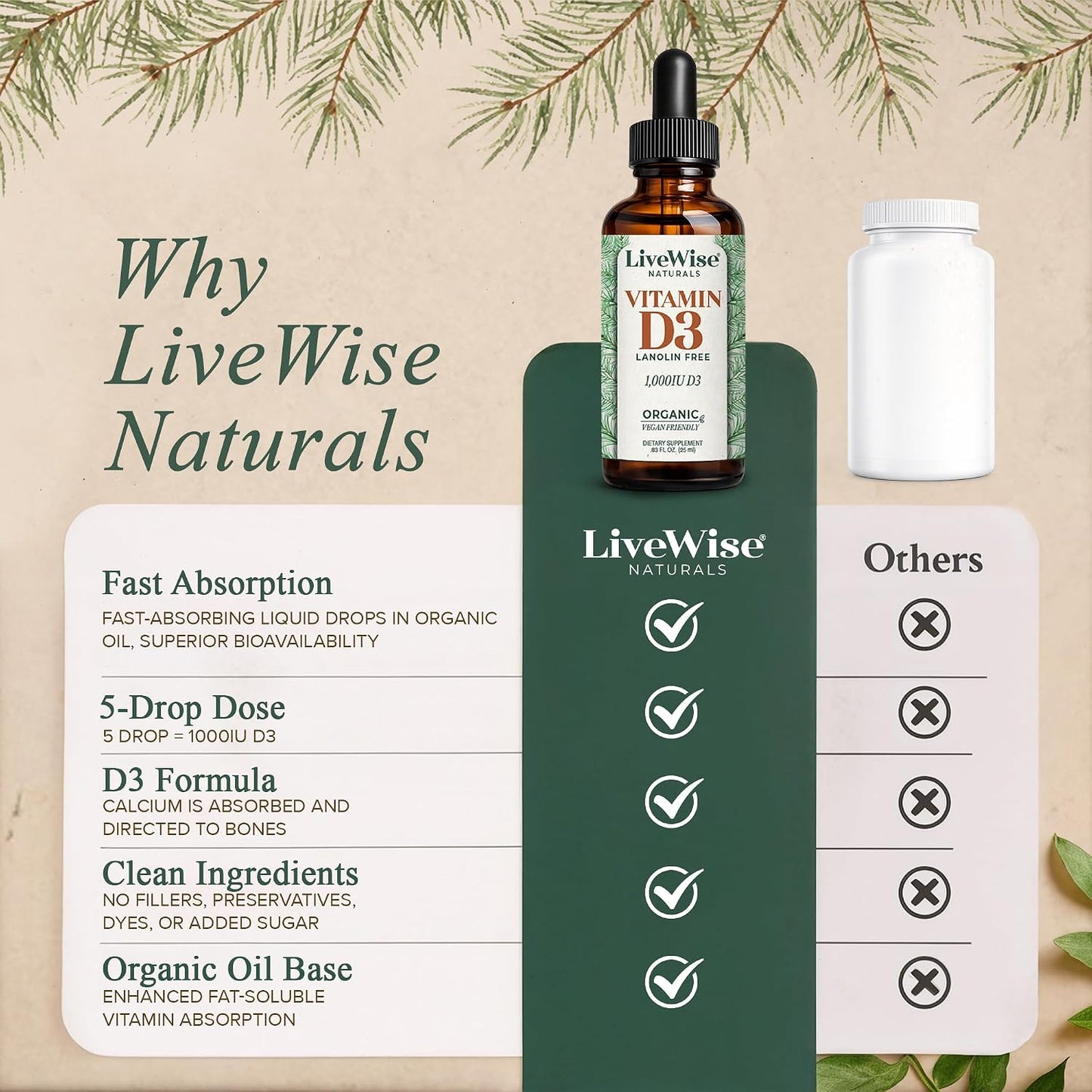 Live Wise Naturals Vitamin D3 1000 IU (25 mcg) Drops – Vegan, Organic MCT Oil, 150 Doses - görsel 5