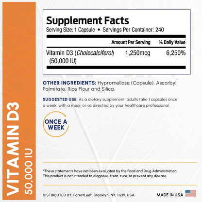 ForestLeaf Vitamin D3 50,000 IU Weekly Supplement – High Potency, 240 Capsules