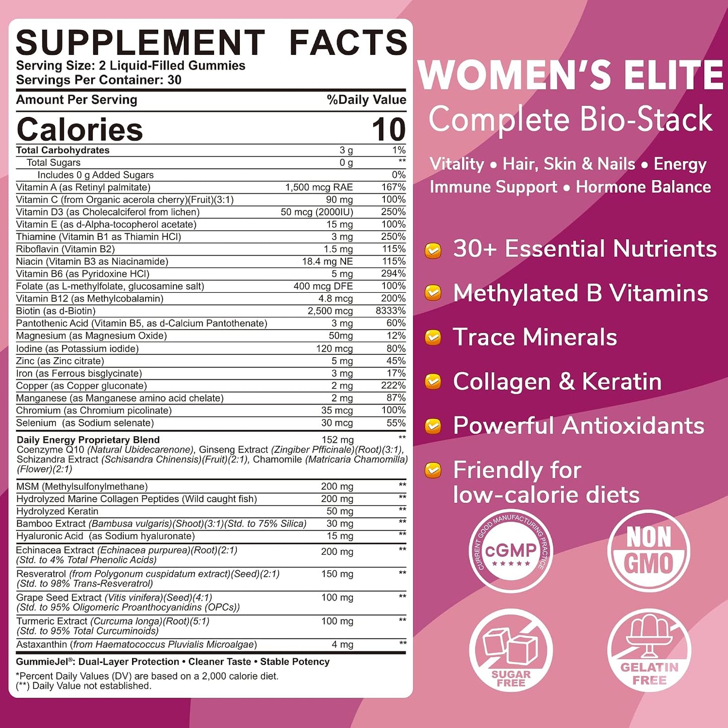 LILICARE Women's Multivitamin Gummies – Methylated Multivitamin with Biotin, Iron, Collagen, Methylfolate, B Complex, Hair, Skin and Nails Support, No Added Sugar, 60 Count - görsel 2