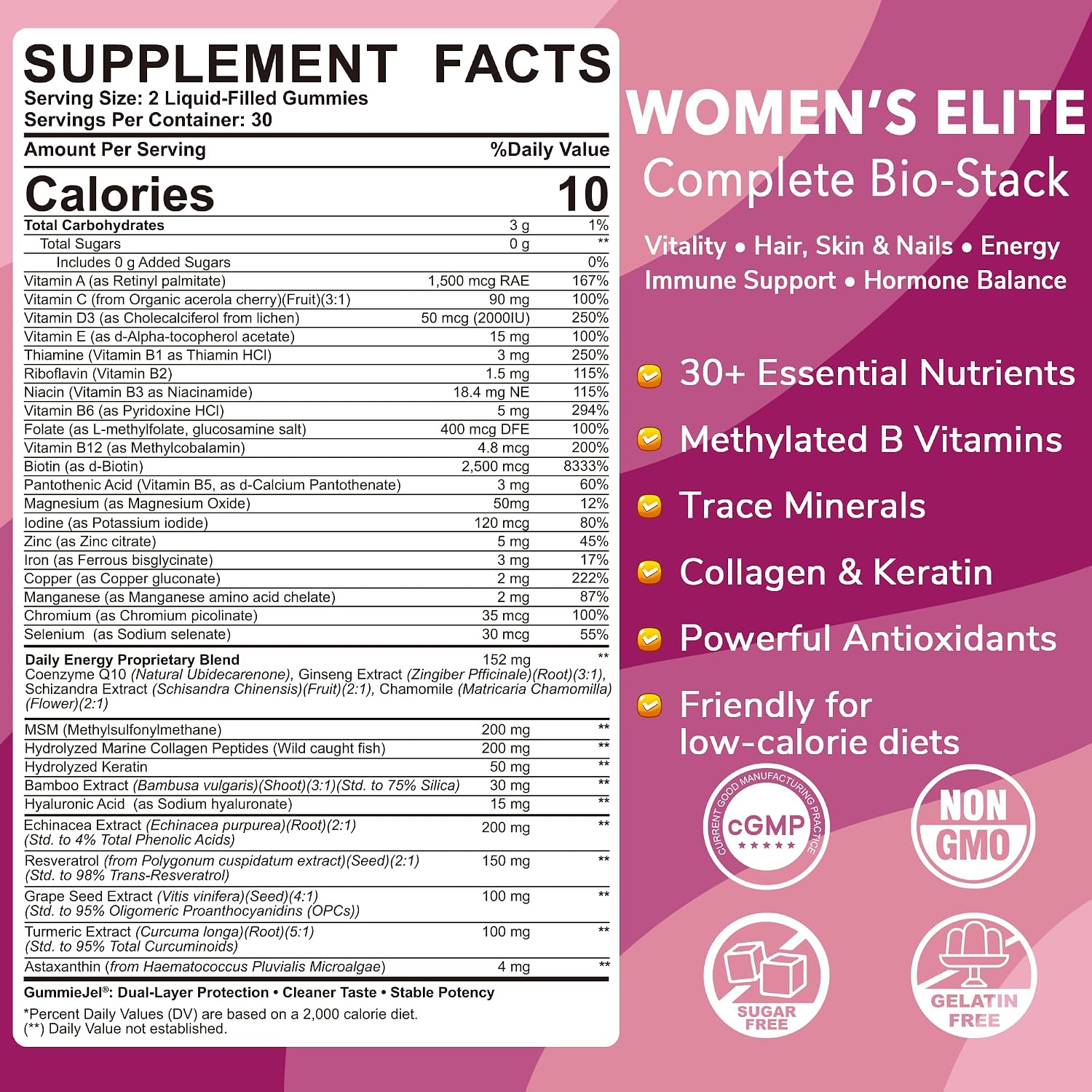 LILICARE Women's Multivitamin Gummies – Methylated Multivitamin with Biotin, Iron, Collagen, Methylfolate, B Complex, Hair, Skin and Nails Support, No Added Sugar, 60 Count - görsel 2