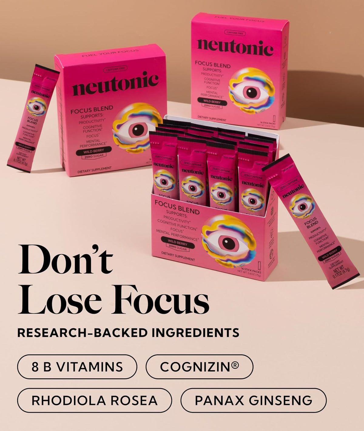 Neutonic Nootropic Focus Blend Powder – Wild Berry Flavour, 16 Sticks, Caffeine-Free, No Added Sugar - görsel 2